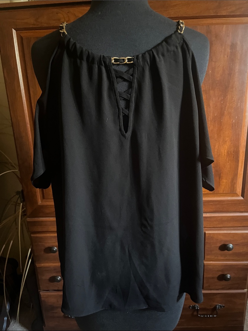 INC International Concepts Black Cold-Shoulder Blouse with Gold Chain Accent